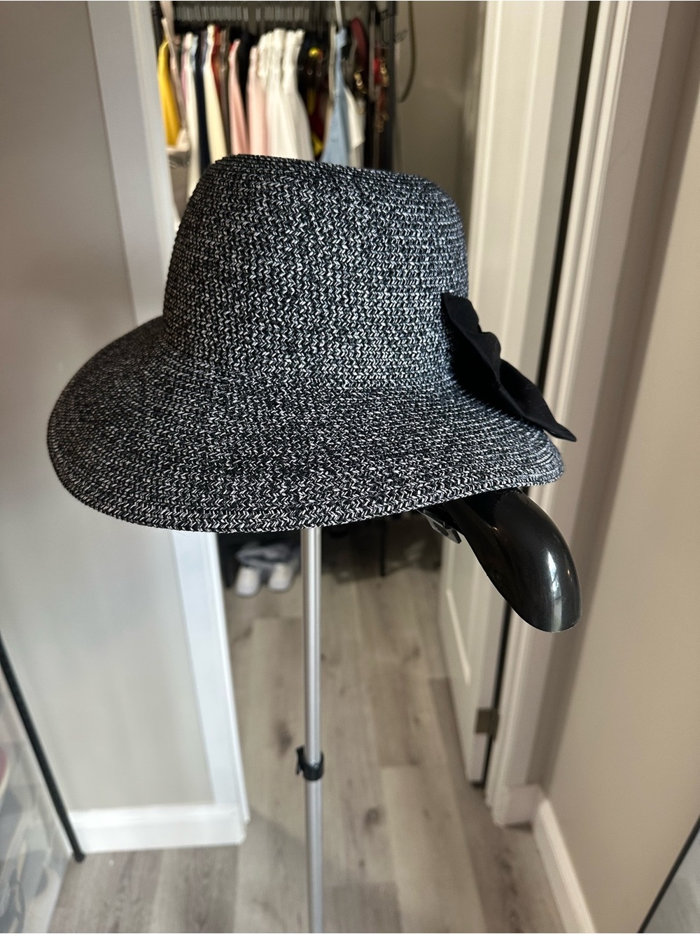 Black & White Woven Women's Sun Hat with Side Flower